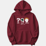 A red hoodie featuring graphic icons for Ask, Seek, and Knock above the Scripture reference Matt. 7:7.