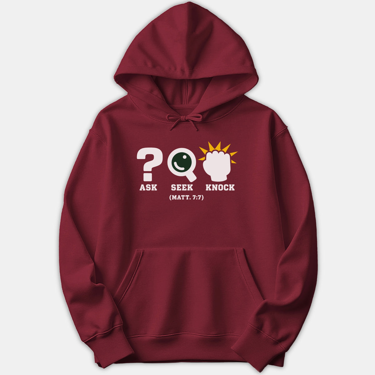 A red hoodie featuring graphic icons for Ask, Seek, and Knock above the Scripture reference Matt. 7:7.
