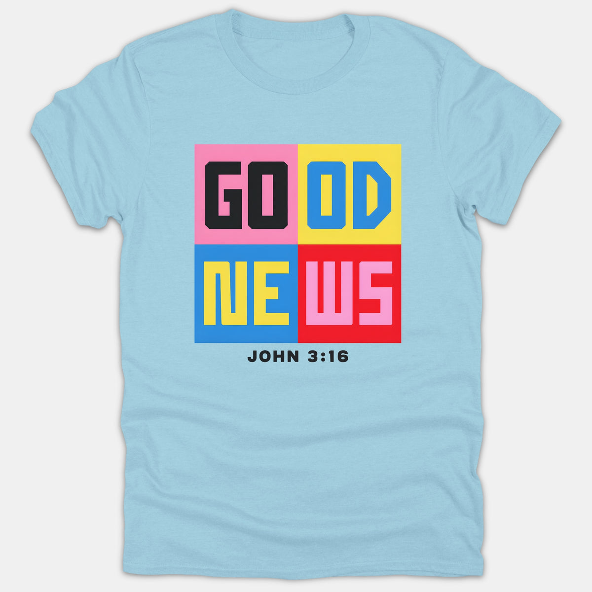 A light blue t-shirt featuring a colorful four-quadrant graphic that reads GOOD NEWS above the scripture reference JOHN 3:16.