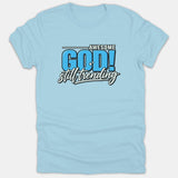 A light blue t-shirt featuring a bold graphic design that reads AWESOME GOD! still trending in blue and white lettering.