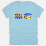 A light blue t-shirt featuring the phrase 'GOOD NEWS' printed in a bold, 3D yellow and blue graphic design across the chest.