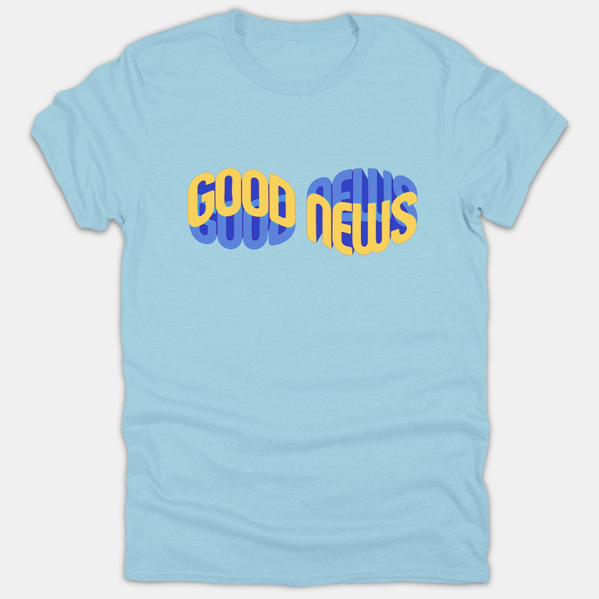 A light blue t-shirt featuring the phrase 'GOOD NEWS' printed in a bold, 3D yellow and blue graphic design across the chest.