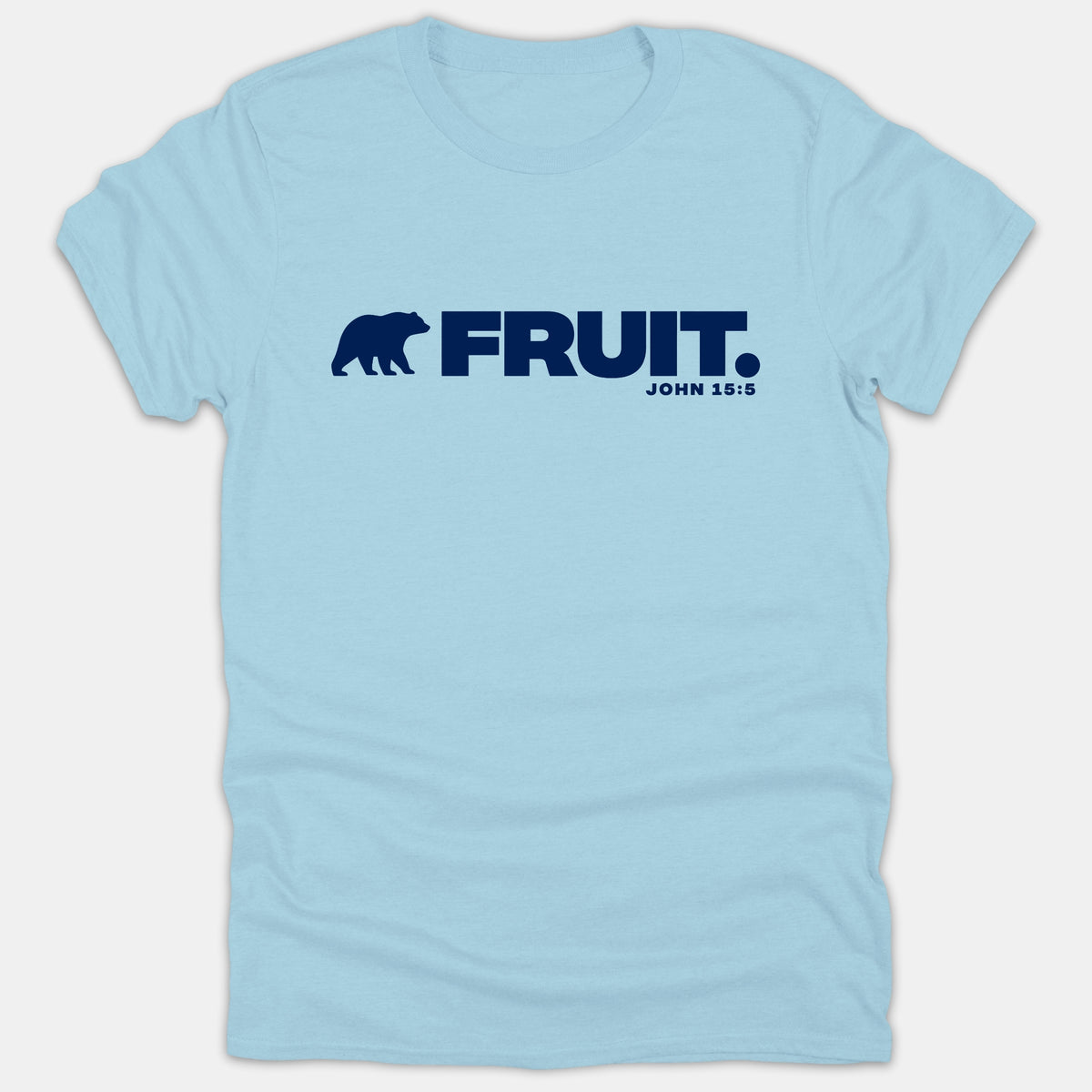 A light blue Christian t-shirt featuring a navy blue bear silhouette beside the word FRUIT and the Bible reference John 15:5.