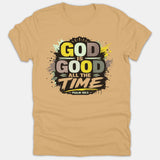 A beige Christian t-shirt featuring a vintage paint-splatter graphic with the text 'God Is Good All The Time' and Bible verse reference Psalm 100:5.