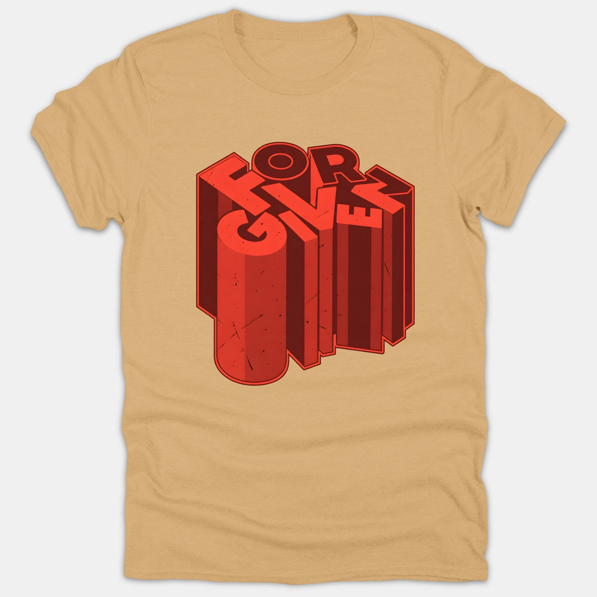 A beige Christian t-shirt featuring a bold 3D isometric typography design spelling out the word FORGIVEN in red and dark brown tones.