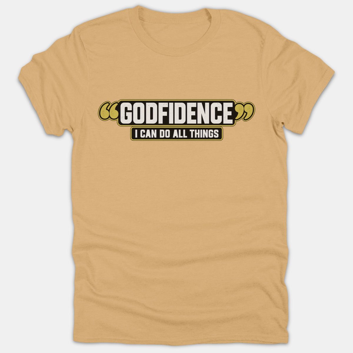 A beige Christian t-shirt featuring a graphic banner that reads Godfidence I Can Do All Things in bold white lettering framed by black and gold accents.