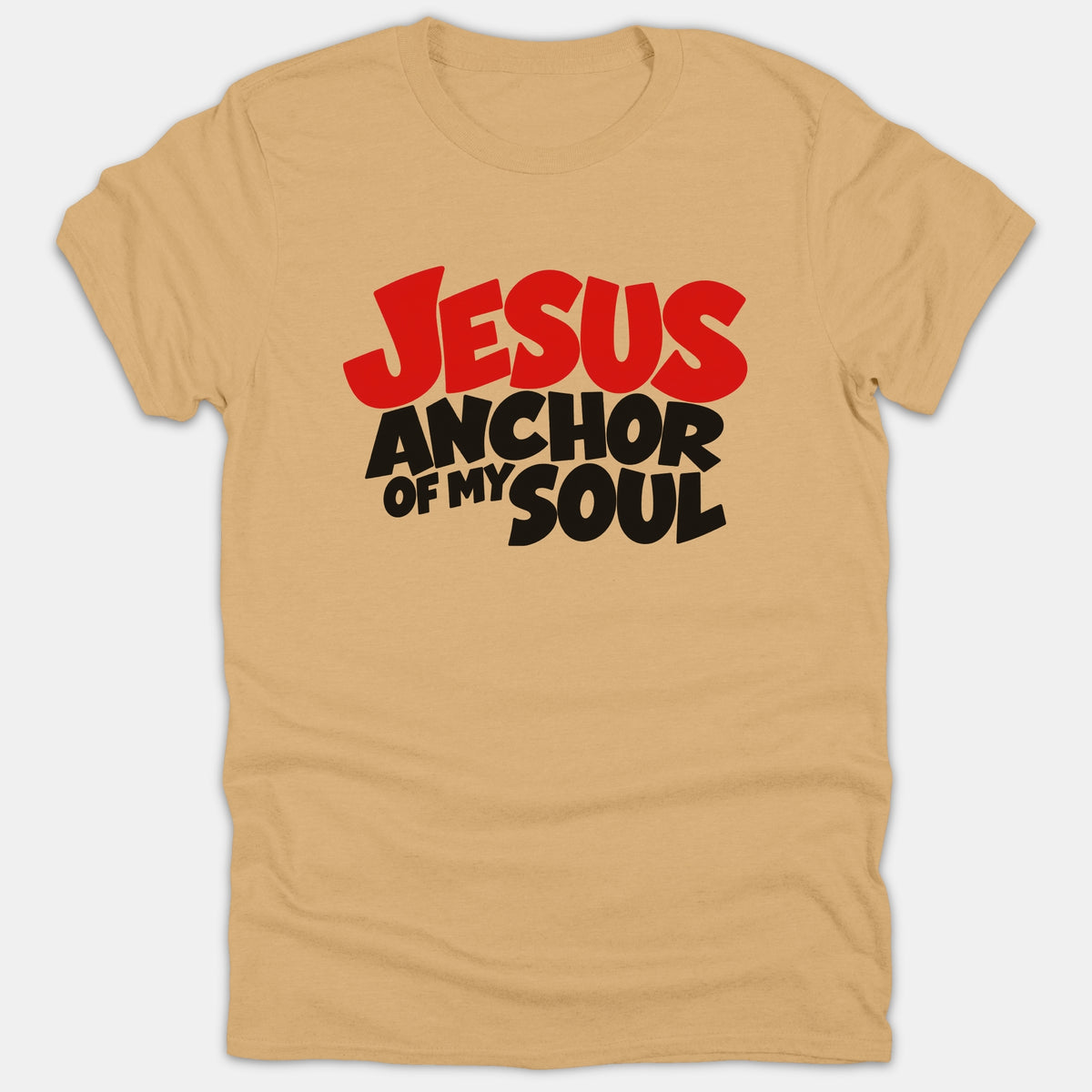 A beige Christian T-shirt featuring the text JESUS ANCHOR OF MY SOUL printed in bold red and black retro typography across the center.