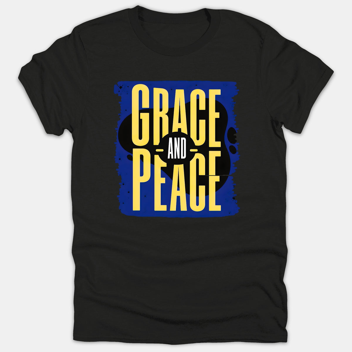 A black T-shirt featuring a graphic design with the words 'Grace and Peace' in bold yellow text over a distressed blue background.