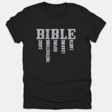 A black t-shirt featuring a distressed gray graphic that spells out BIBLE as an acronym for Basic Instructions Before Leaving Earth.