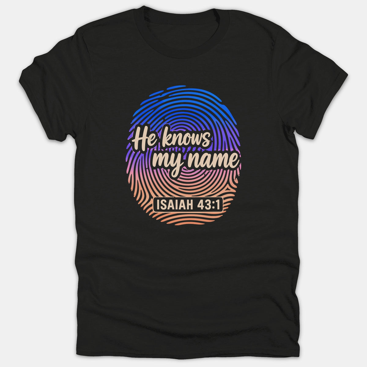 A black t-shirt featuring a colorful gradient fingerprint graphic with the phrase 'He knows my name' and the Scripture reference 'ISAIAH 43:1'.
