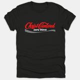 A black Christian t-shirt featuring a red and white soda-style logo design that reads 'Christ Centered zero thirst' across the chest.