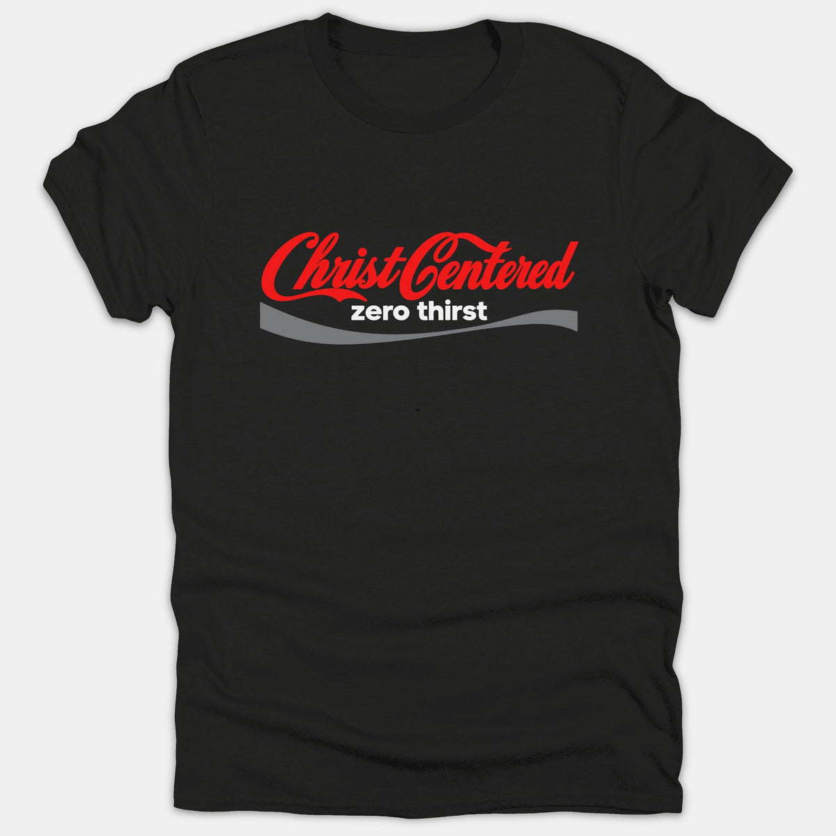 A black Christian t-shirt featuring a red and white soda-style logo design that reads 'Christ Centered zero thirst' across the chest.