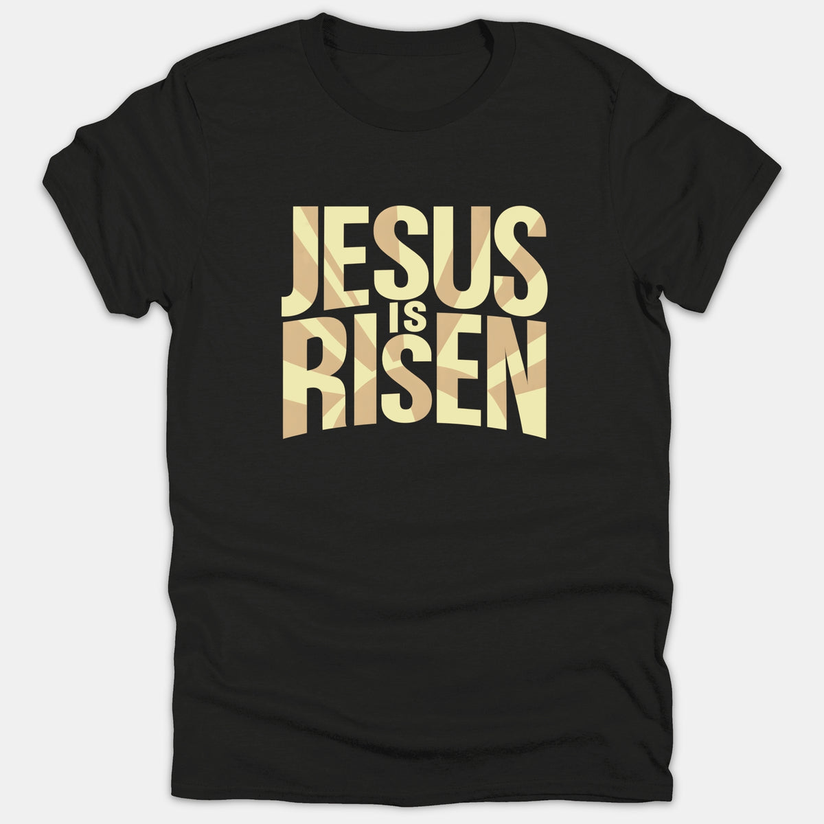 A black Christian t-shirt featuring the text JESUS IS RISEN printed in a bold, stylized beige and gold geometric pattern across the chest.