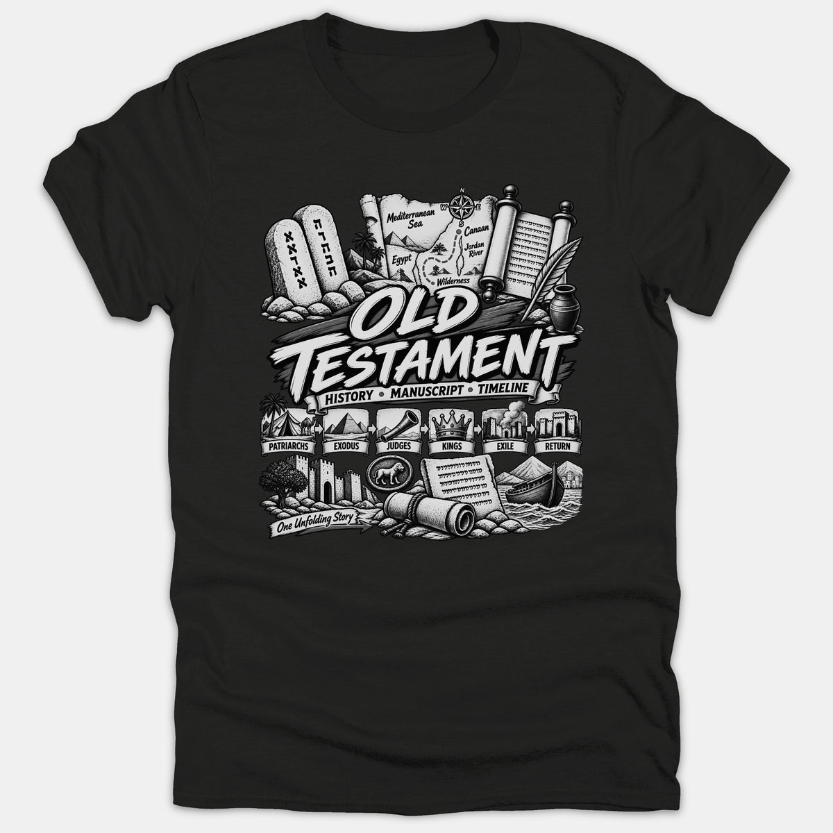 A black Christian T-shirt featuring a detailed graphic of Old Testament history, complete with stone tablets, ancient scrolls, map illustrations, and a timeline of biblical eras.