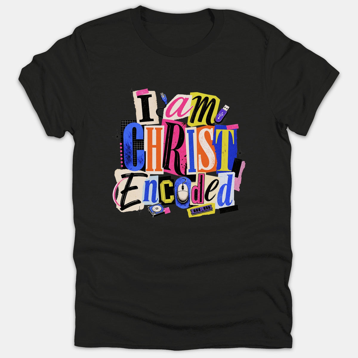 A black T-shirt featuring a vibrant cutout-style collage graphic that reads 'I am CHRIST Encoded' alongside various tech gadget illustrations.