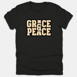 A black Christian t-shirt featuring the phrase 'GRACE & PEACE' in a bold, stacked beige typography graphic across the chest.