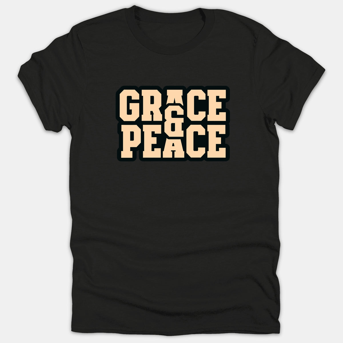 A black Christian t-shirt featuring the phrase 'GRACE & PEACE' in a bold, stacked beige typography graphic across the chest.