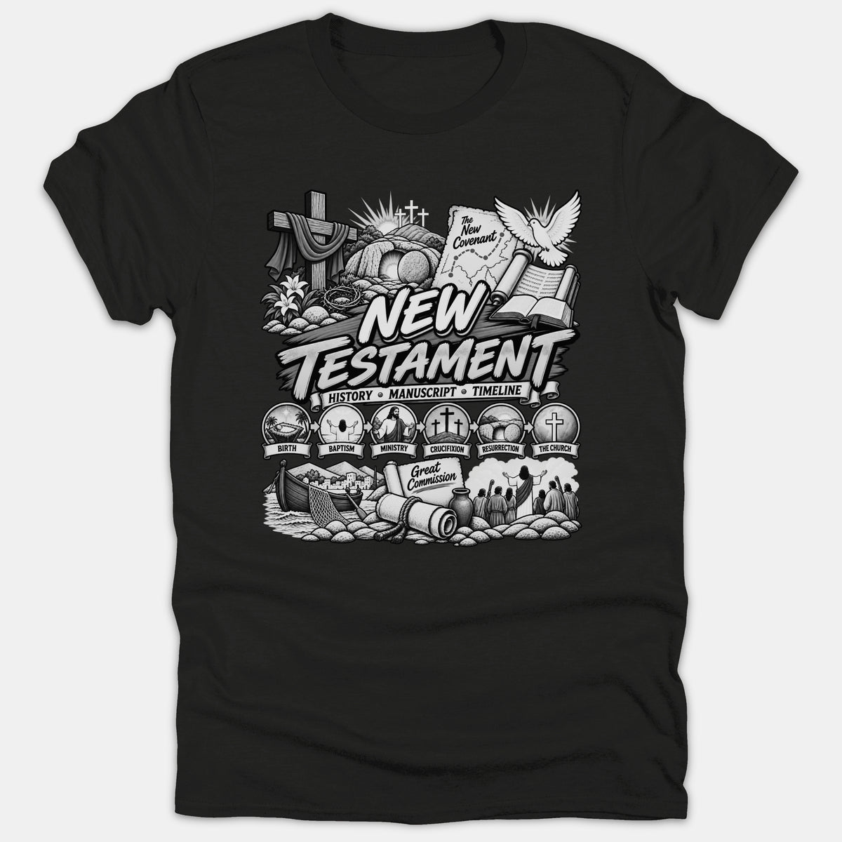 A black t-shirt featuring a detailed monochromatic graphic illustration of the New Testament timeline with a cross, dove, empty tomb, and key biblical events.