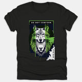 Black Christian t-shirt featuring a detailed graphic of a wolf face with vibrant green accents and the bold printed text DO NOT CONFORM.