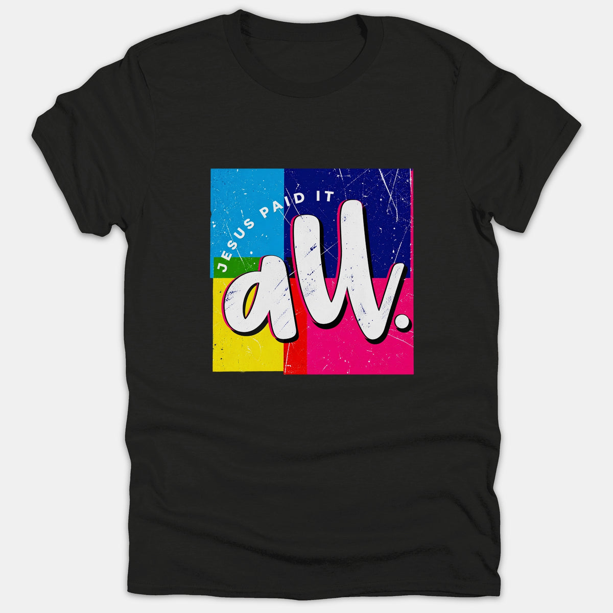A black t-shirt featuring a colorful block graphic printed with the Christian phrase 'Jesus Paid It All' in bold white lettering.
