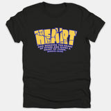 A black Christian t-shirt featuring a cracked yellow and blue graphic reading HEART alongside the scripture Ezekiel 36:26.