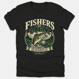 A black T-shirt featuring a vintage graphic of a bass jumping out of water surrounded by mountains, titled Fishers of Men with Matthew 4:19.