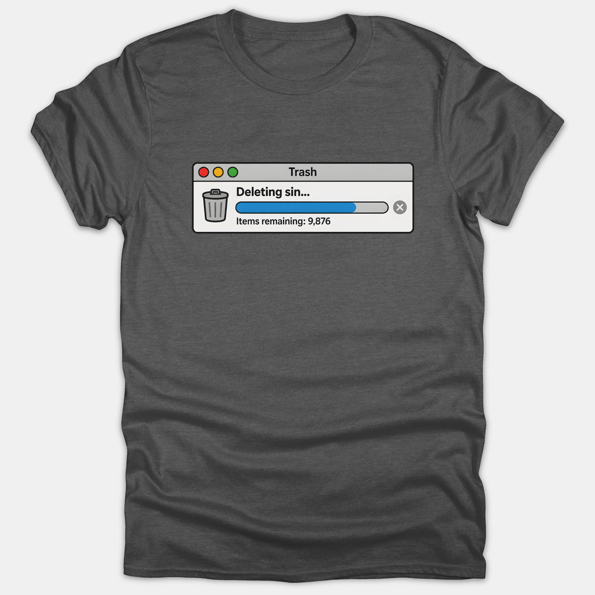 A dark gray t-shirt featuring a computer pop-up window graphic with the text 'Deleting sin...' and a progress bar.