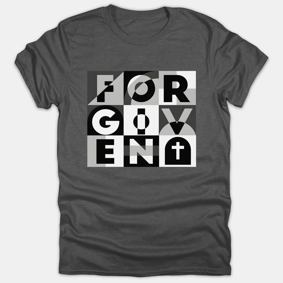 A dark gray t-shirt featuring a modern geometric graphic that spells out FORGIVEN alongside a Christian cross symbol in black, white, and gray tones.