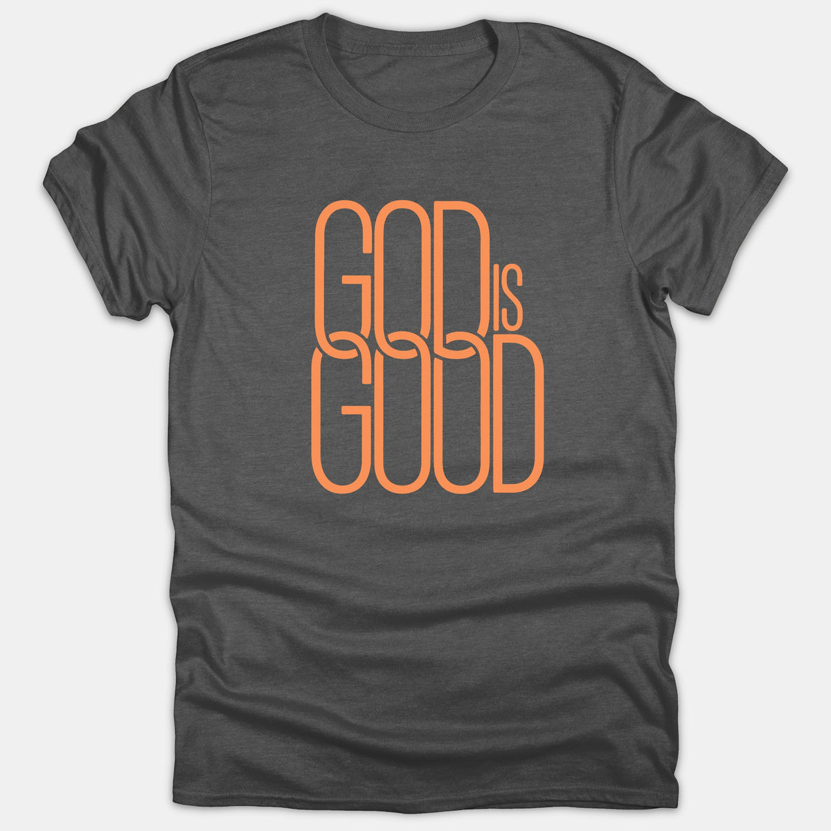 A dark gray t-shirt featuring a stylized orange graphic design on the chest reading GOD IS GOOD in an interlocking typography style.