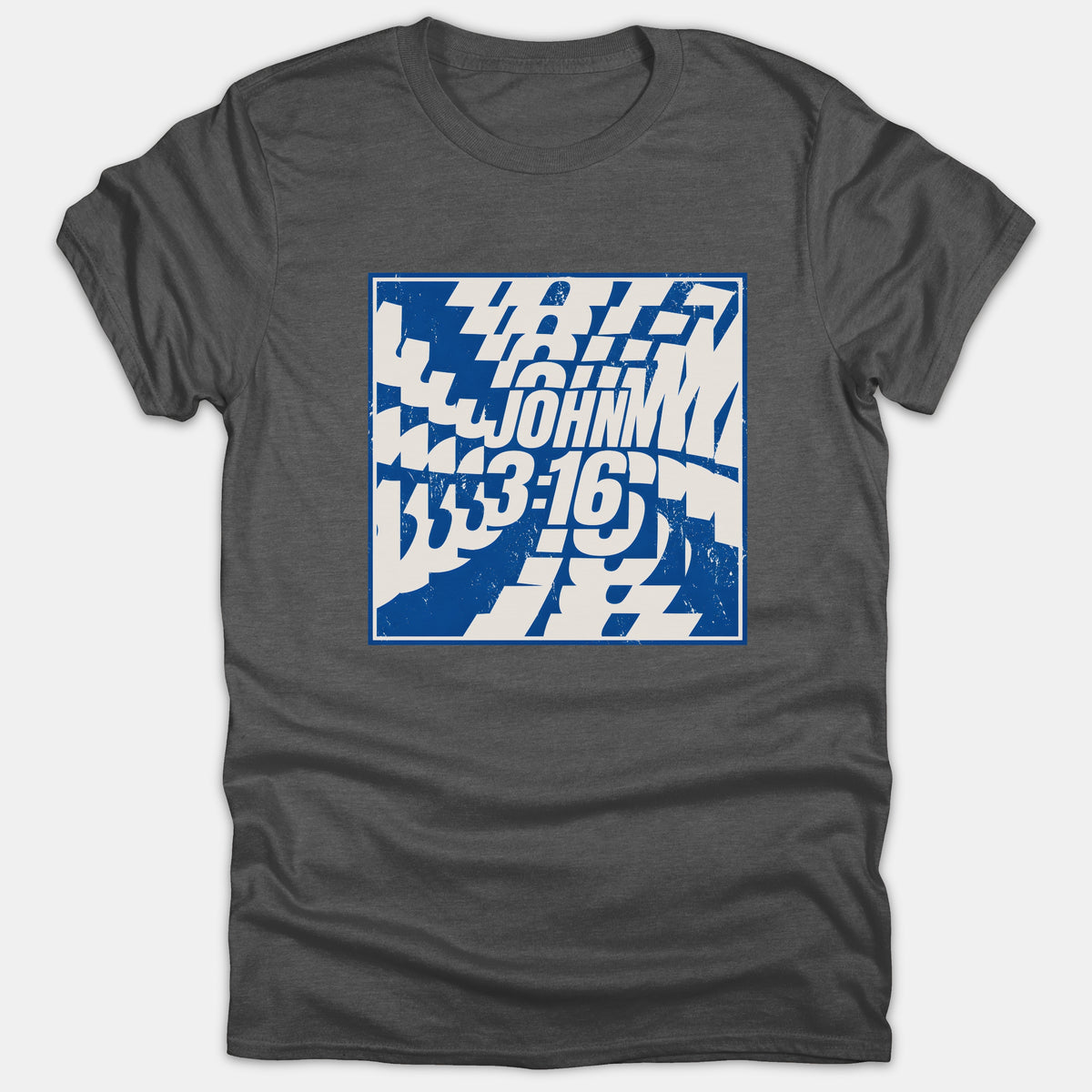 A dark gray Christian t-shirt featuring a square graphic with a blue and white warped typography design displaying the scripture reference John 3:16.