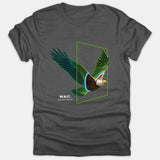 A dark gray Christian t-shirt featuring a futuristic eagle flying through a neon green wireframe portal with the text WAIT. ISAIAH 40:31 printed in bold white.
