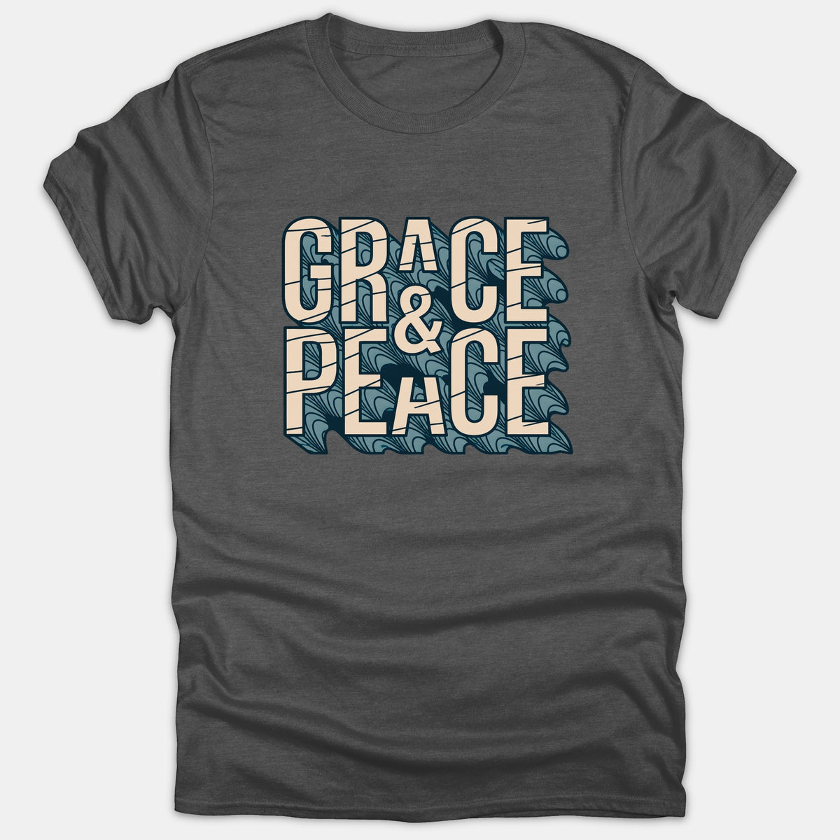 A dark gray Christian t-shirt featuring the phrase 'GRACE & PEACE' in bold beige block lettering against a blue wave graphic background.