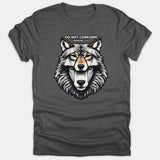 A dark gray t-shirt featuring a detailed wolf head graphic with the text 'DO NOT CONFORM. [ROMANS 12:2]' printed above in white font.