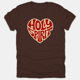 A brown t-shirt featuring a heart-shaped graphic with the words HOLY SPIRIT styled in retro red typography.