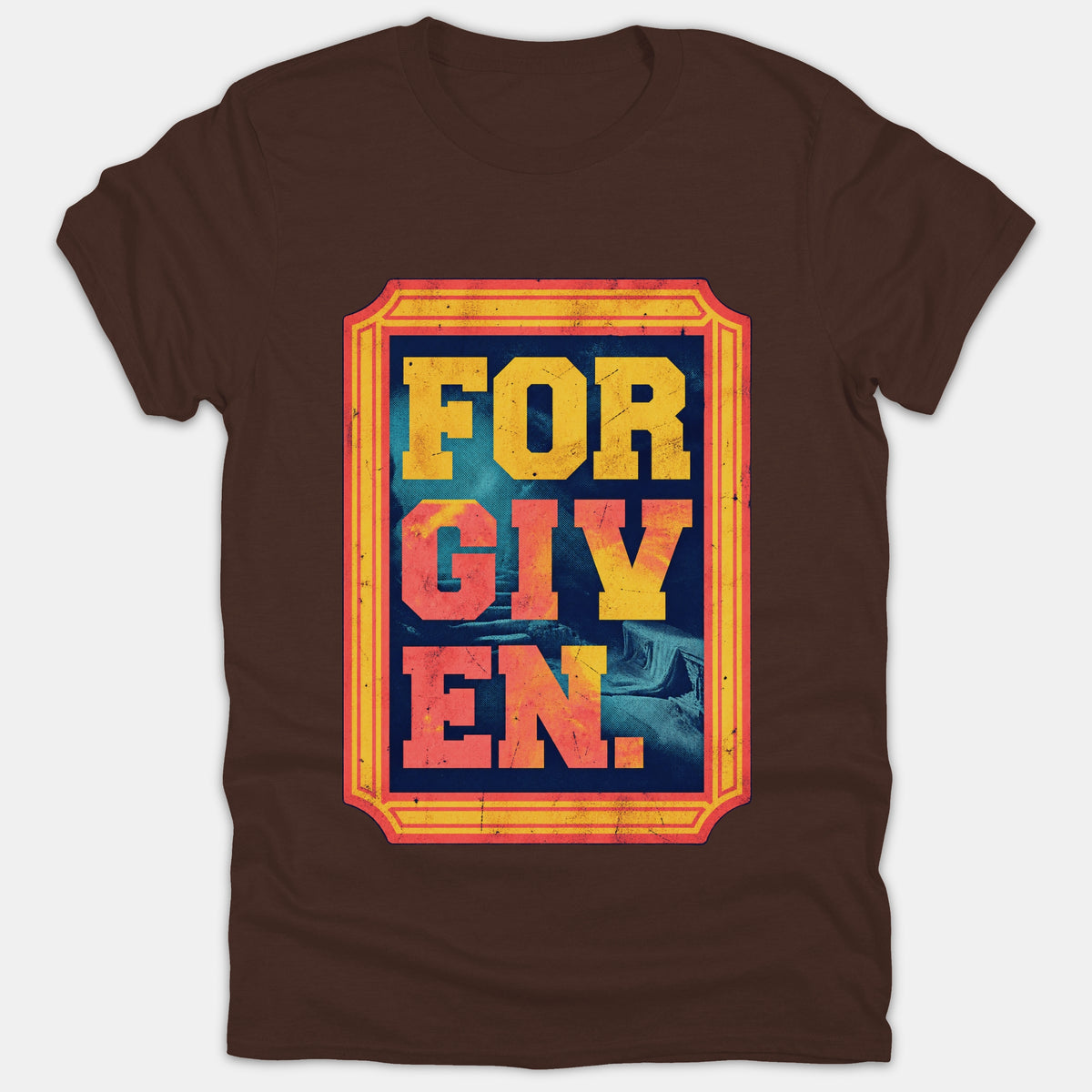 A brown t-shirt featuring a framed graphic print with the word FORGIVEN in bold, distressed yellow and orange lettering against a dark blue background.