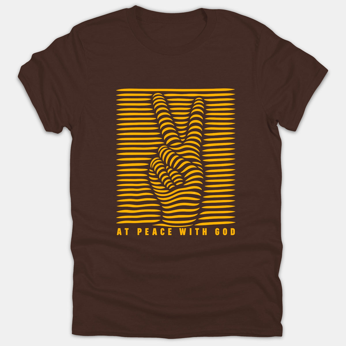 A brown t-shirt featuring a yellow optical illusion line art graphic of a peace sign with the phrase AT PEACE WITH GOD printed underneath.