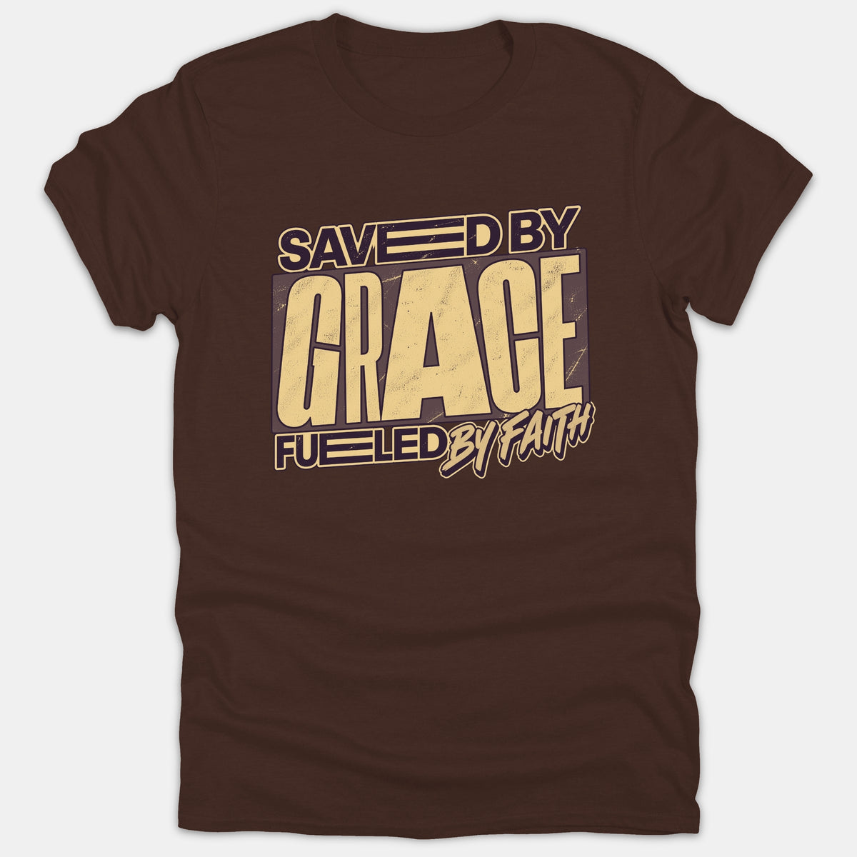 A brown Christian t-shirt featuring a vintage distressed graphic that reads SAVED BY GRACE FUELED BY FAITH in bold beige typography.