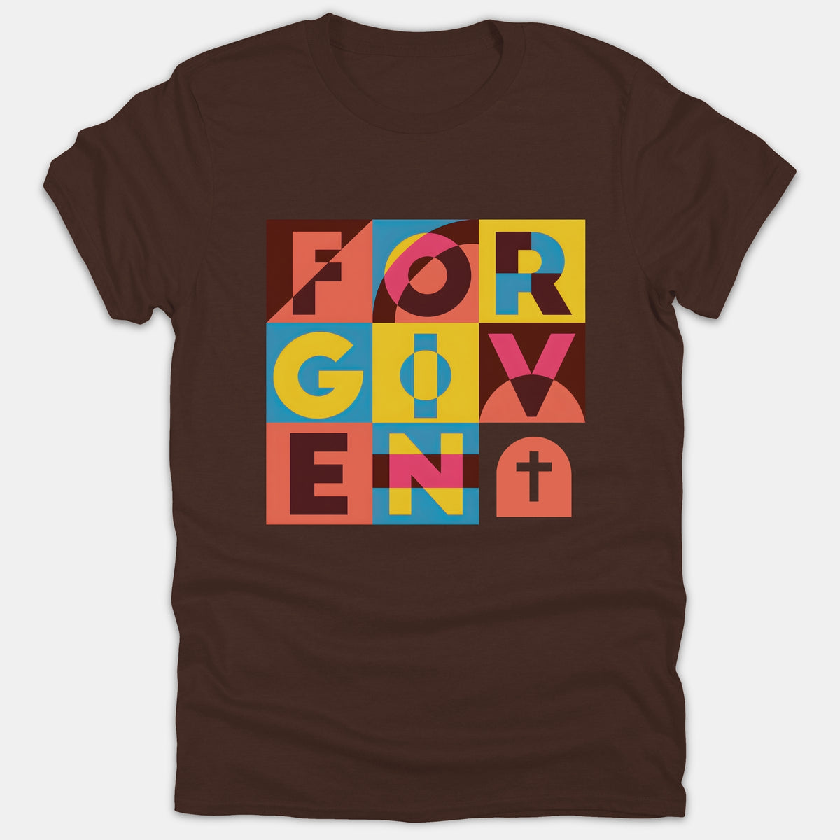 A brown t-shirt featuring a colorful geometric square graphic that spells out FORGIVEN with a cross symbol in modern typography.