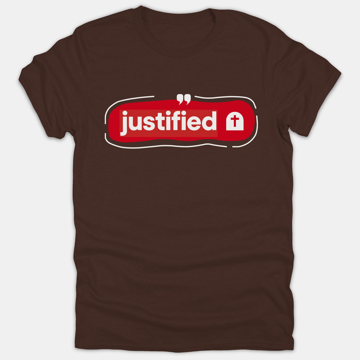 A brown Christian t-shirt featuring a red graphic badge with the word justified in bold white text next to a small cross symbol.
