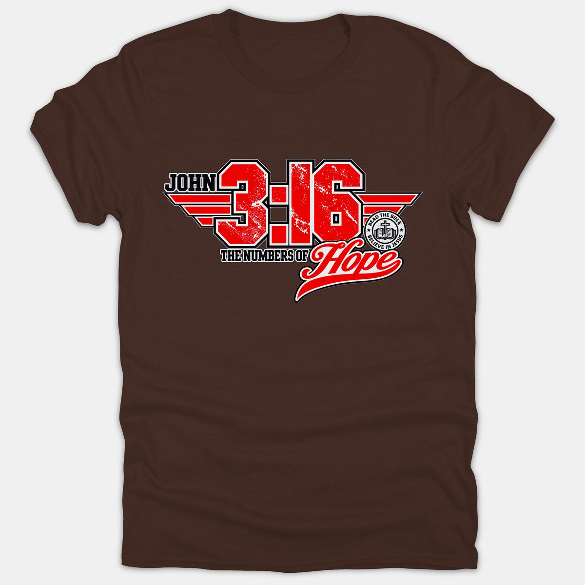 A brown Christian t-shirt featuring a vintage aviation-inspired logo with the text John 3:16 The Numbers of Hope in bold red and white.