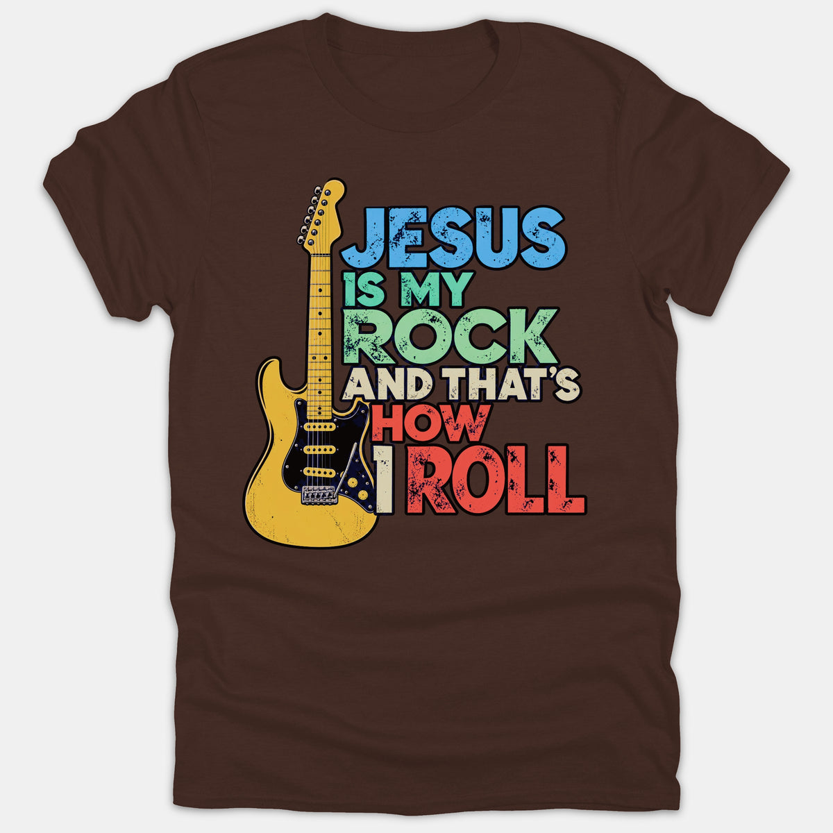 A brown Christian t-shirt featuring a graphic yellow electric guitar alongside colorful text that reads, 'Jesus Is My Rock And That's How I Roll'.