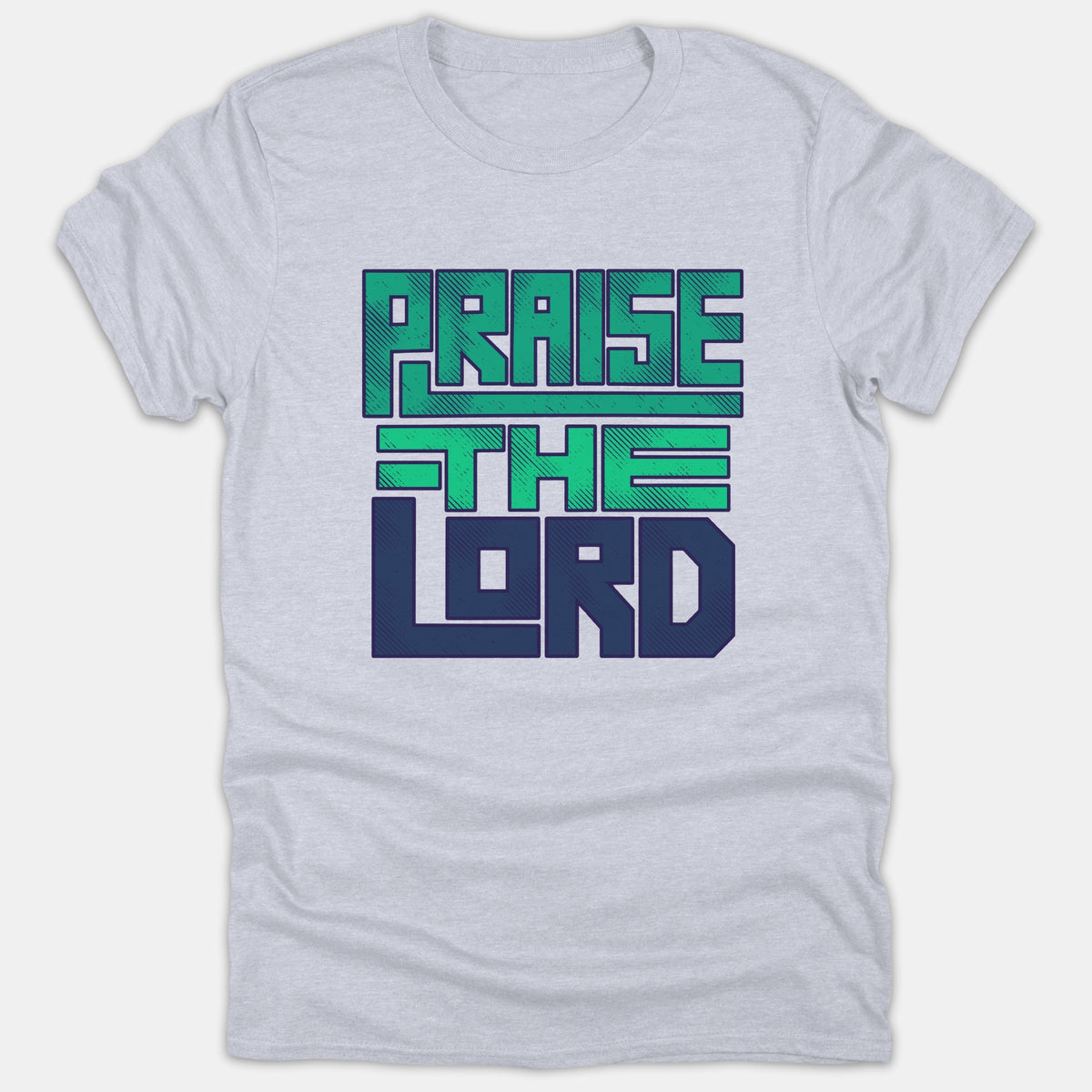 A light gray Christian t-shirt featuring bold block lettering that reads 'PRAISE THE LORD' in green and navy blue.