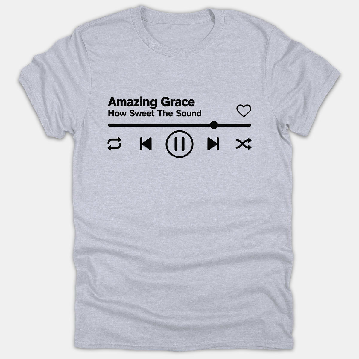 A gray Christian t-shirt featuring a black music player graphic with the song title Amazing Grace How Sweet The Sound and audio controls.