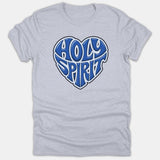 A light gray Christian t-shirt featuring a stylized heart-shaped graphic created from the words HOLY SPIRIT in blue bold lettering.