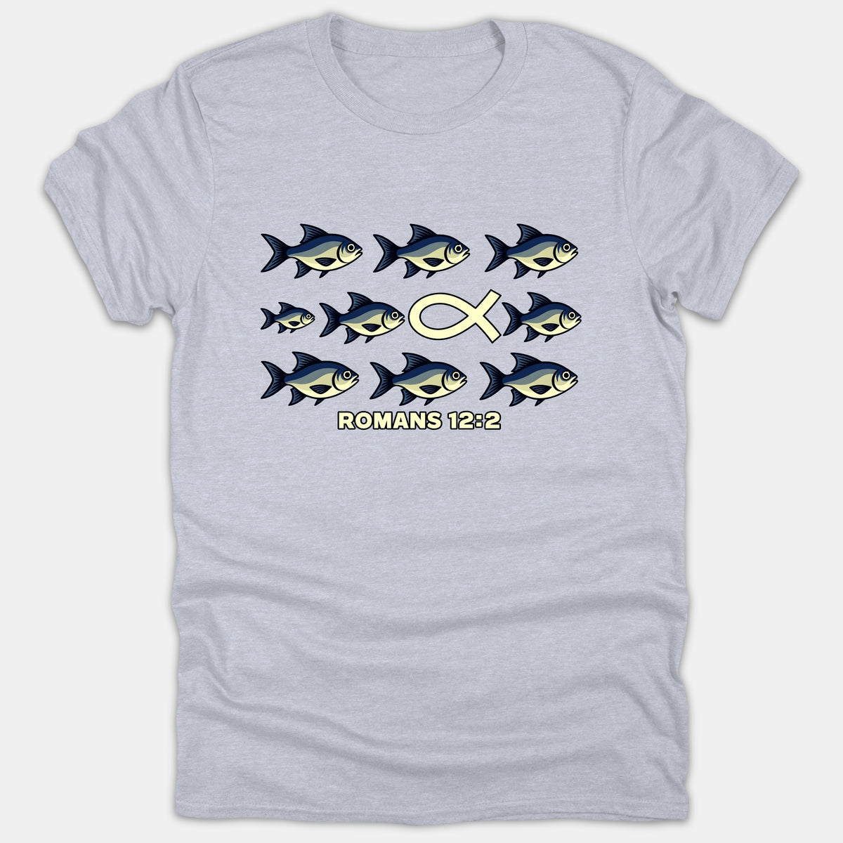 A heather gray t-shirt displaying stylized fish swimming together alongside a yellow Ichthys symbol swimming the opposite way, above the text ROMANS 12:2.