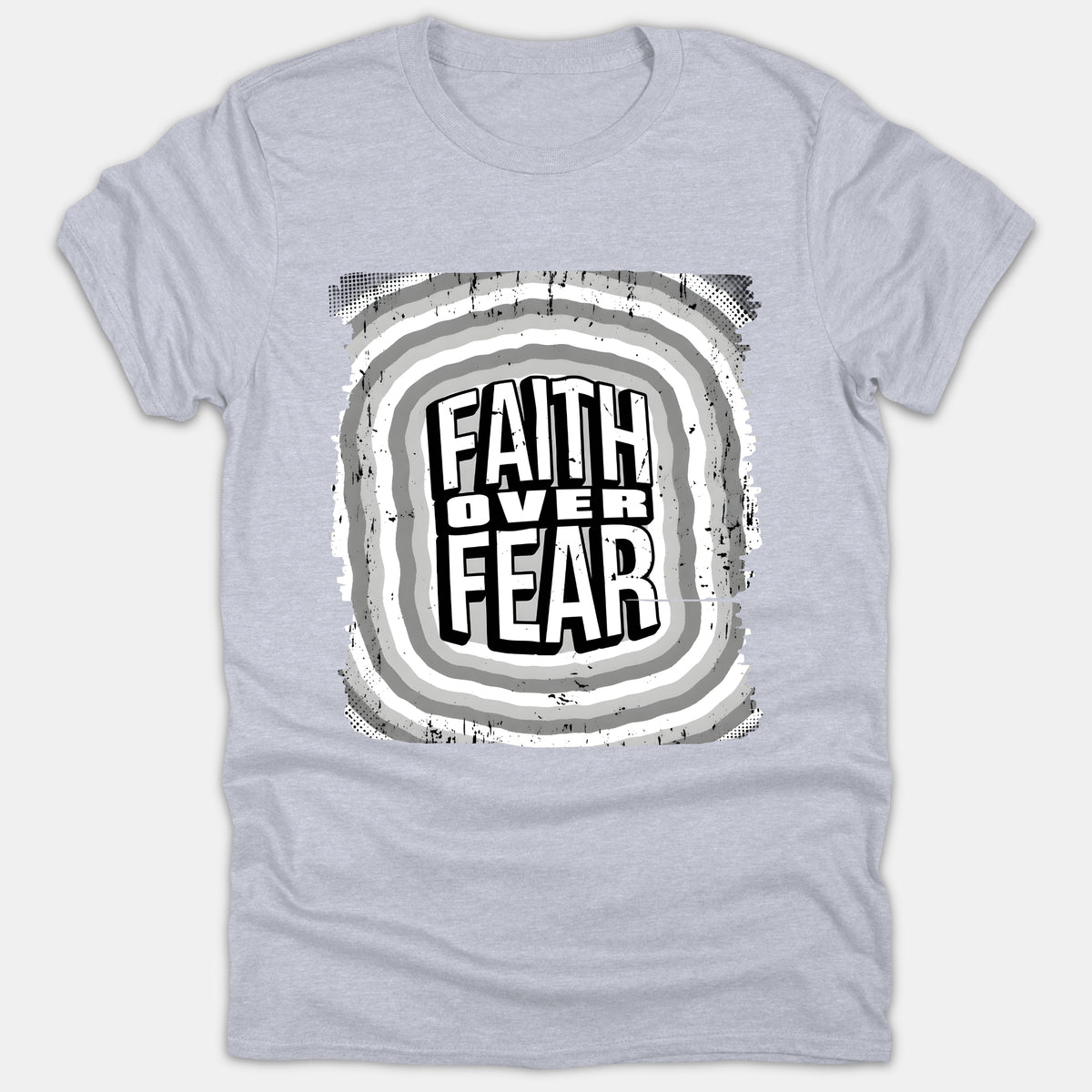 A light gray t-shirt featuring a graphic print with the text FAITH OVER FEAR centered inside distressed concentric wave patterns in black, white, and gray.