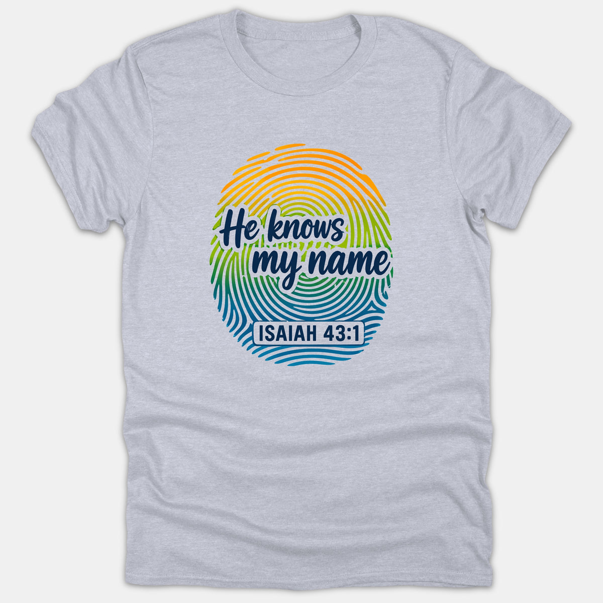 A gray Christian t-shirt featuring a colorful fingerprint graphic with the text 'He knows my name' and the scripture reference ISAIAH 43:1.