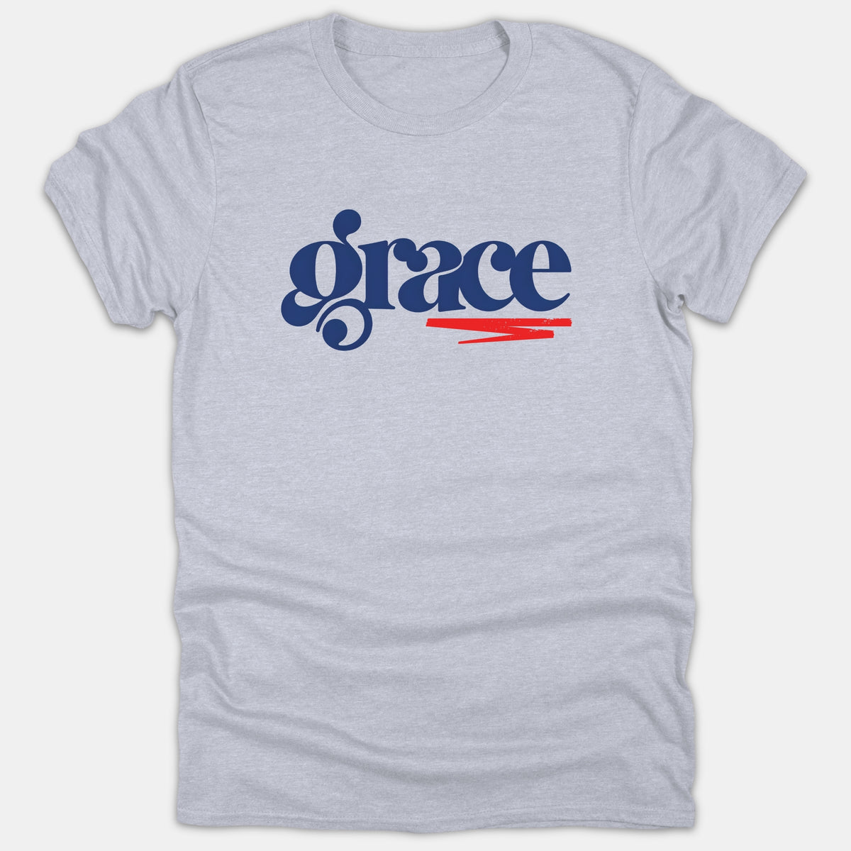 A light gray Christian T-shirt featuring the word Grace written in bold navy blue retro typography with a red underlined accent.