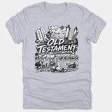A light gray t-shirt featuring a detailed black and white graphic illustrating Old Testament biblical history, maps, scrolls, and timeline milestones.