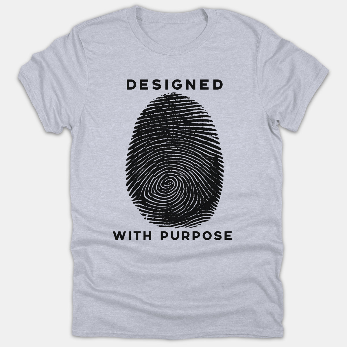 A heather gray t-shirt featuring a large black fingerprint graphic with the phrase DESIGNED WITH PURPOSE printed above and below.
